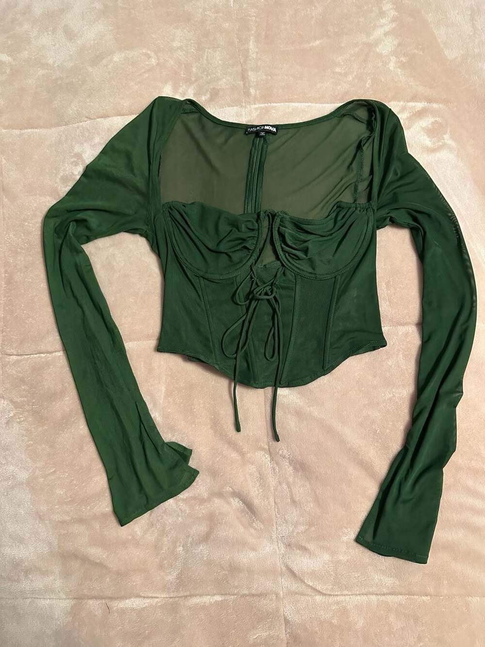 Fashion Nova Olive Mesh Long Sleeve Corset Top Size M